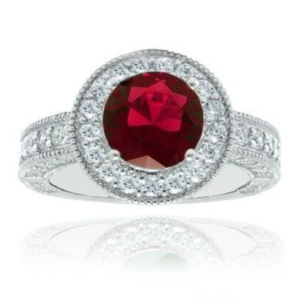 18K White Plated Gold Red CZ  Sz 5 Ring 7.50 CTTW